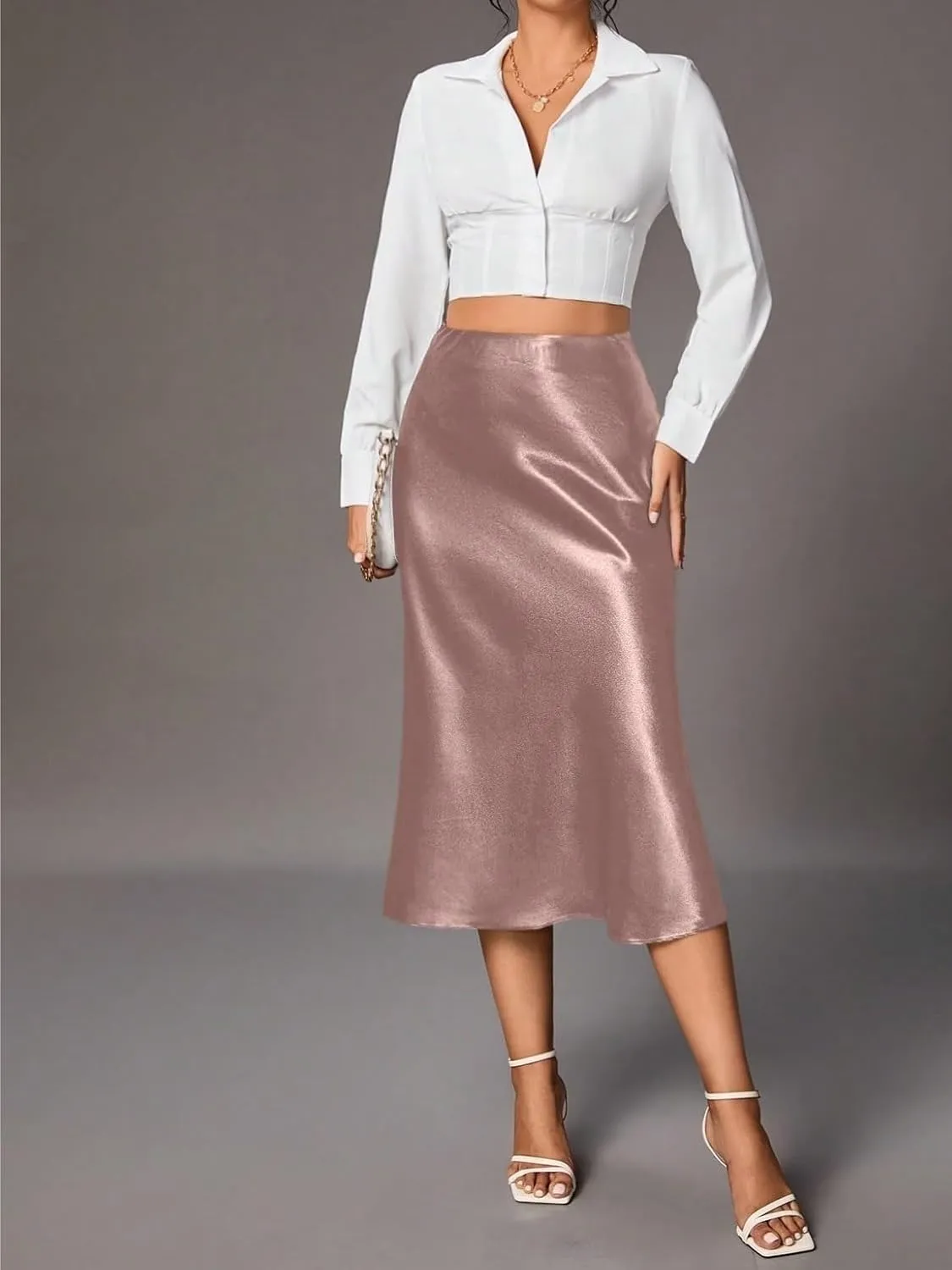 Womens Summer Flowy Skirt Dress Women's Solid Color Zipper Closure Elegant A-Line Midi Skirt Summer