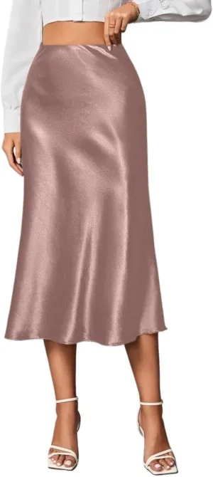 Womens Summer Flowy Skirt Dress Women's Solid Color Zipper Closure Elegant A-Line Midi Skirt Summer