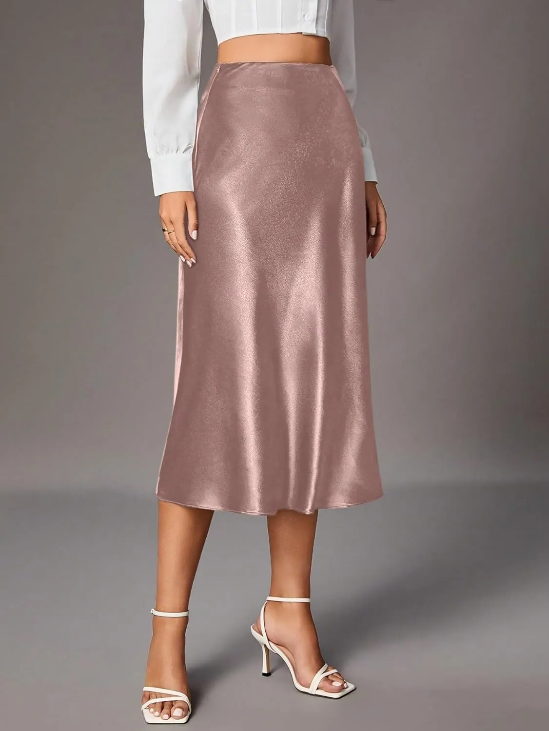 Womens Summer Flowy Skirt Dress Women's Solid Color Zipper Closure Elegant A-Line Midi Skirt Summer