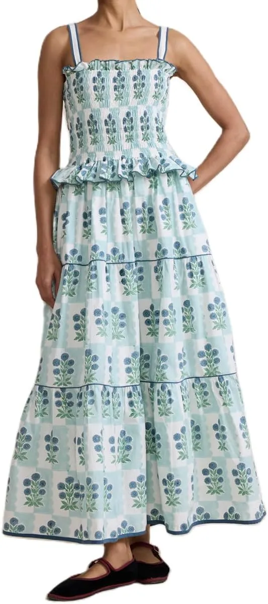 Womens Summer Maxi Dress Floral Sleeveless Smocked Maxi Dress Boho Spaghetti Strap A-Line Flowy Beach Long Sundress