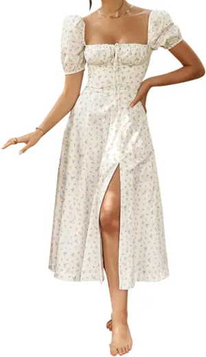 Womens Summer Puff Sleeve Dress Side Split Maxi Dresses Square Neck Floral Print Boho Long Dresses Beach Dress