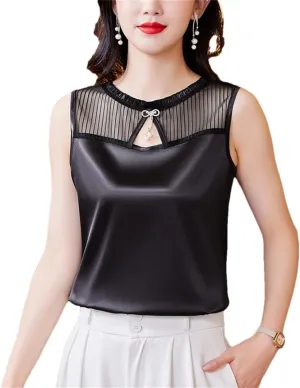 Women's Summer Tank Top Sleeveless Silk Satin Shirt Round Neck Hollow Out Patchwork Camisole Vest