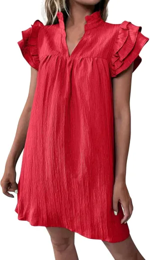 Womens Summer V-Neck Ruffle Cap Short Sleeve Pockets Mini Dress Sundress Boho Hawaiian Floral Tank Babydoll Dresses
