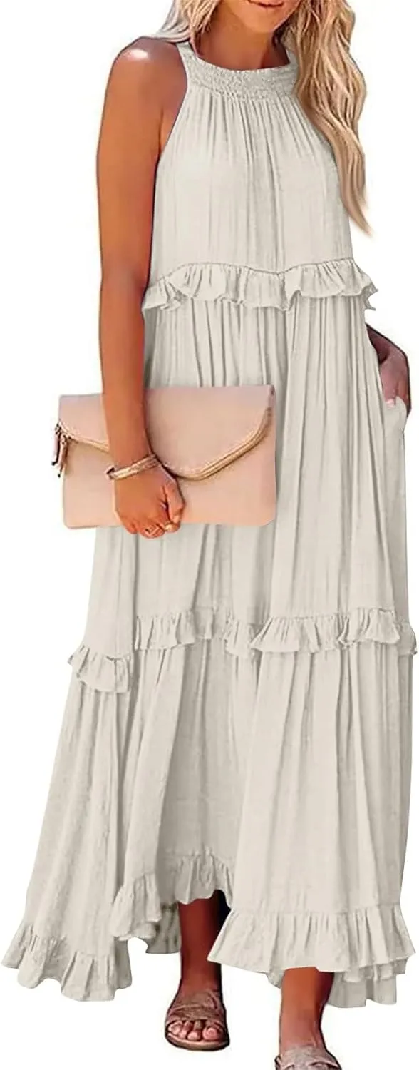 Womens Tiered Dress 2025 Summer Casual Sleeveless Tie Back Pleated Maxi Dress A Line Flowy Long Beach Sun Dresses