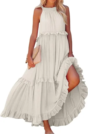 Womens Tiered Dress 2025 Summer Casual Sleeveless Tie Back Pleated Maxi Dress A Line Flowy Long Beach Sun Dresses