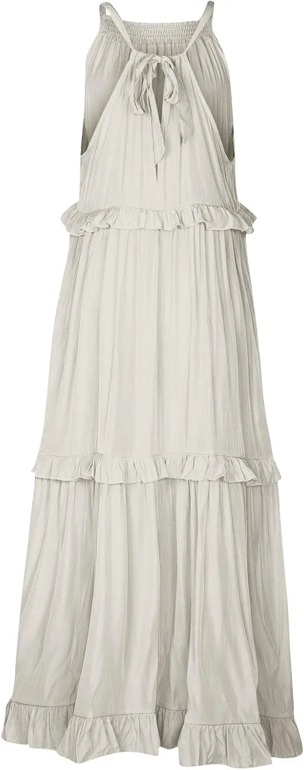 Womens Tiered Dress 2025 Summer Casual Sleeveless Tie Back Pleated Maxi Dress A Line Flowy Long Beach Sun Dresses