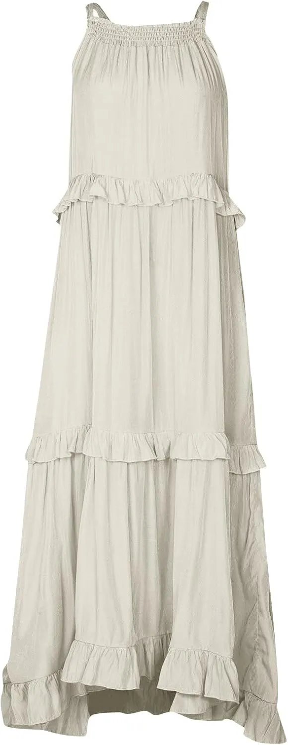Womens Tiered Dress 2025 Summer Casual Sleeveless Tie Back Pleated Maxi Dress A Line Flowy Long Beach Sun Dresses