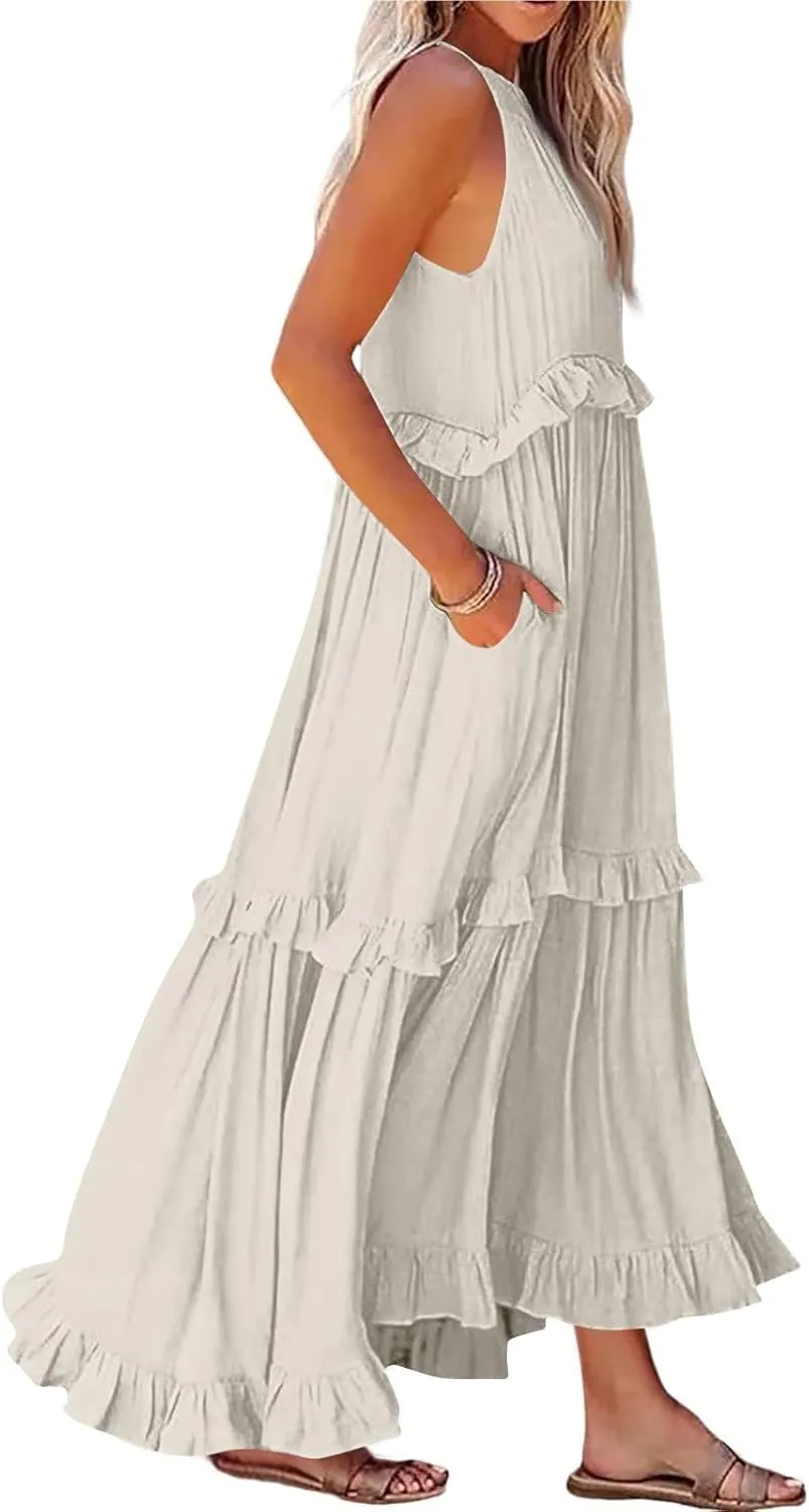 Womens Tiered Dress 2025 Summer Casual Sleeveless Tie Back Pleated Maxi Dress A Line Flowy Long Beach Sun Dresses