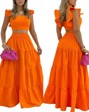 Women's Two Piece Outfits Square Neck Shirred Crop Tank Top Long Boho Vacation Swing Maxi Skirt Set