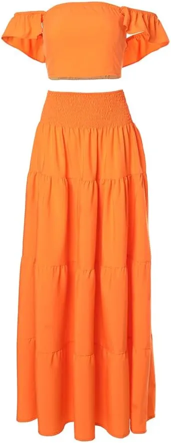 Women's Two Piece Outfits Square Neck Shirred Crop Tank Top Long Boho Vacation Swing Maxi Skirt Set