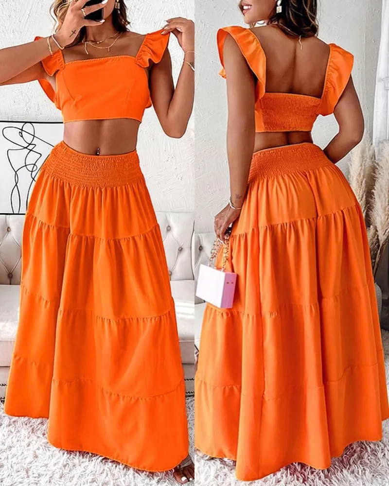 Women's Two Piece Outfits Square Neck Shirred Crop Tank Top Long Boho Vacation Swing Maxi Skirt Set