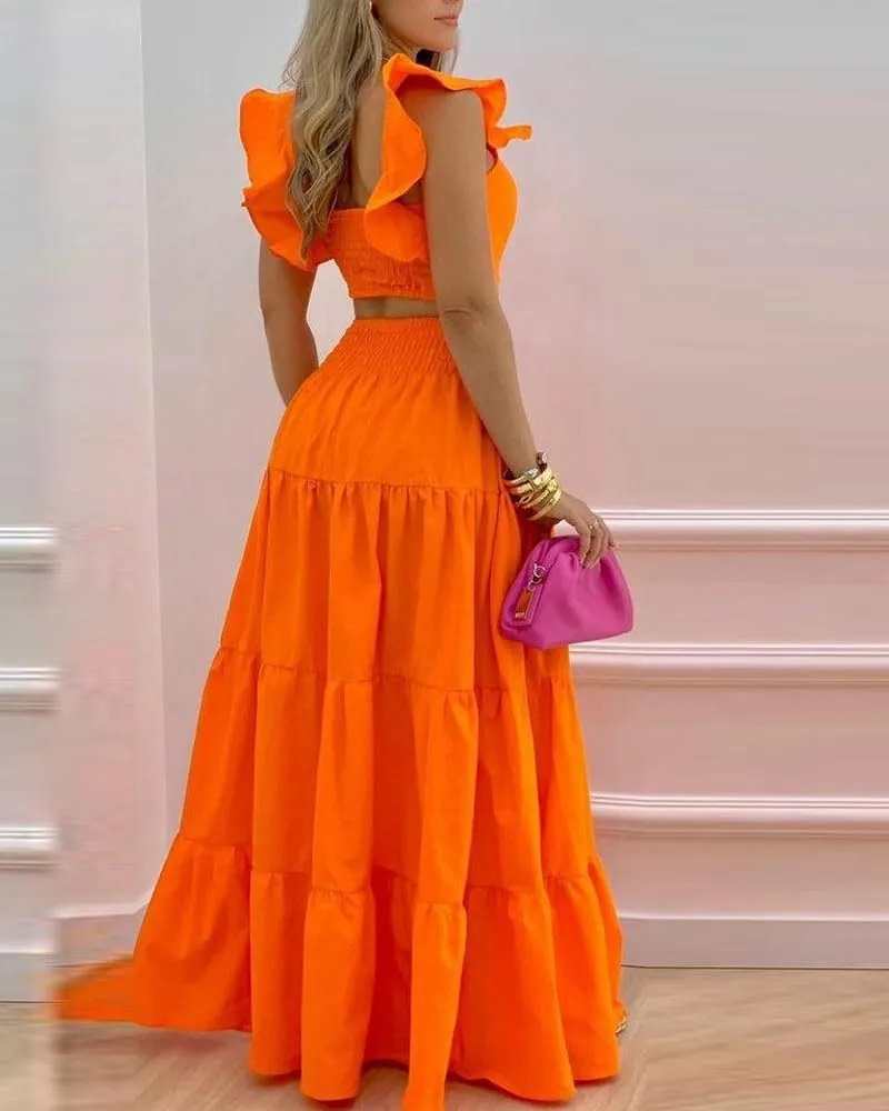 Women's Two Piece Outfits Square Neck Shirred Crop Tank Top Long Boho Vacation Swing Maxi Skirt Set