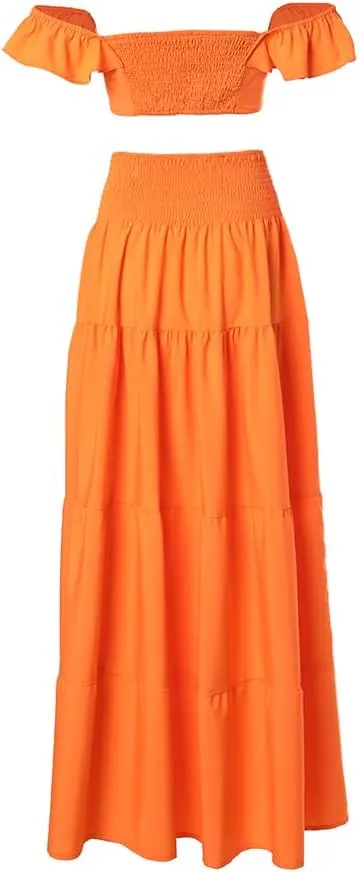 Women's Two Piece Outfits Square Neck Shirred Crop Tank Top Long Boho Vacation Swing Maxi Skirt Set