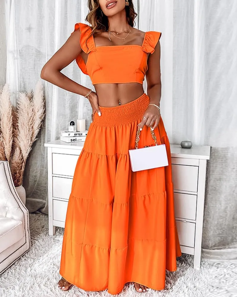 Women's Two Piece Outfits Square Neck Shirred Crop Tank Top Long Boho Vacation Swing Maxi Skirt Set