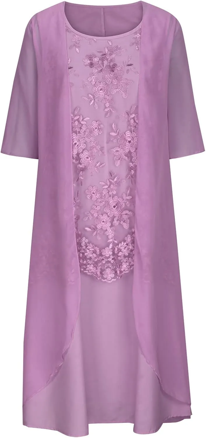 Womens Two-Piece Set Floral Embroidered Midi Dress with Chiffon Cardigan Sleeveless Plus Size Wedding Guest Dresses