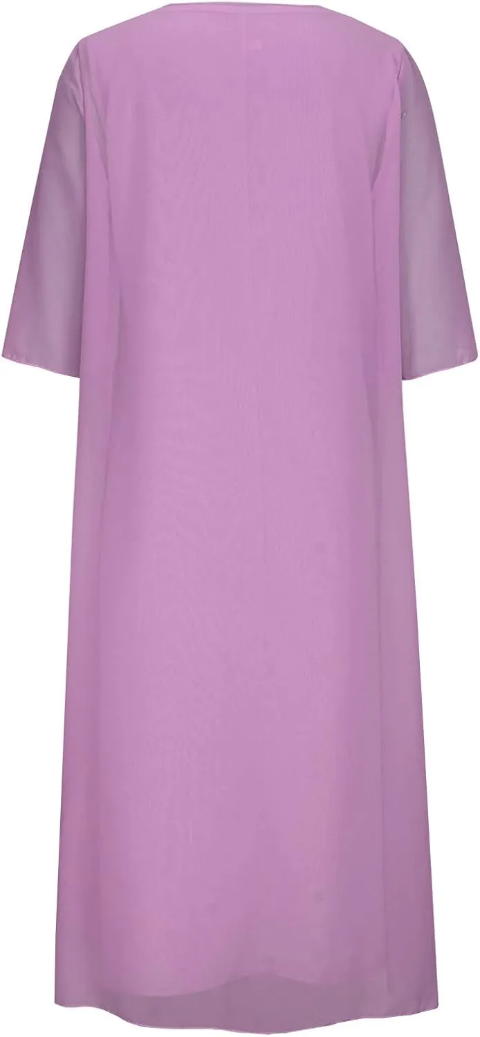 Womens Two-Piece Set Floral Embroidered Midi Dress with Chiffon Cardigan Sleeveless Plus Size Wedding Guest Dresses