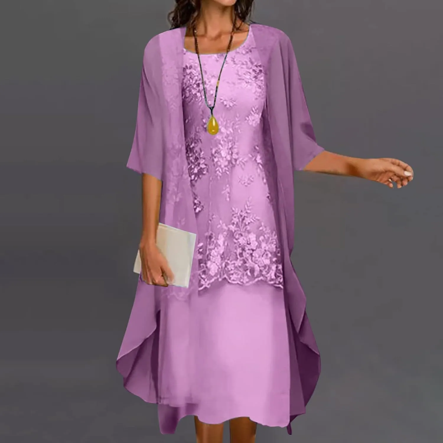 Womens Two-Piece Set Floral Embroidered Midi Dress with Chiffon Cardigan Sleeveless Plus Size Wedding Guest Dresses
