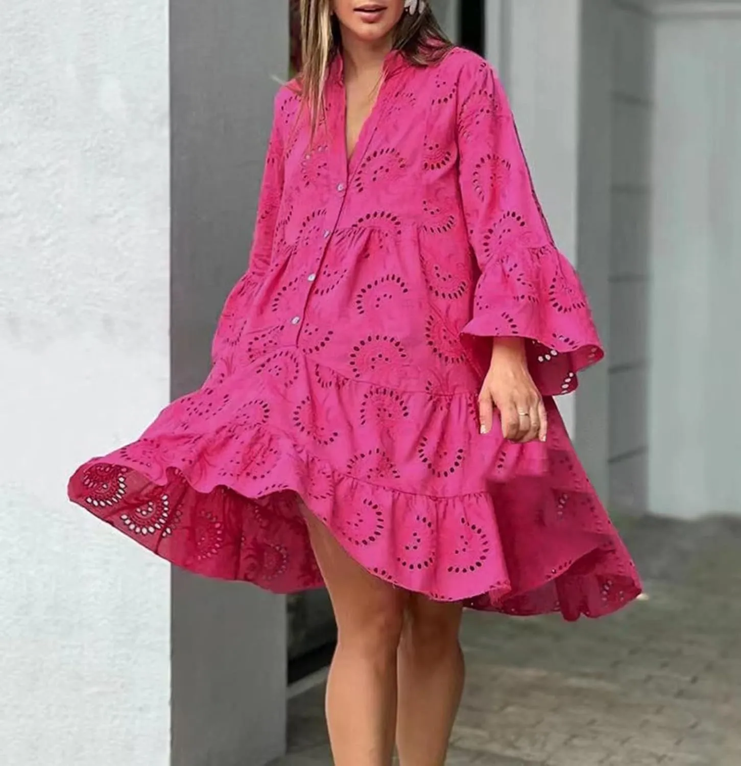 Women's V Neck Lace Crochet Puff Long Sleeve Ruffle Hem Loose Summer Flowy Mini Dress Plus Size Casual Swing Dresses
