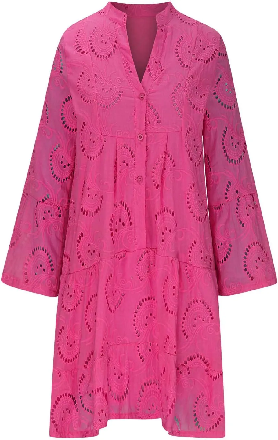 Women's V Neck Lace Crochet Puff Long Sleeve Ruffle Hem Loose Summer Flowy Mini Dress Plus Size Casual Swing Dresses