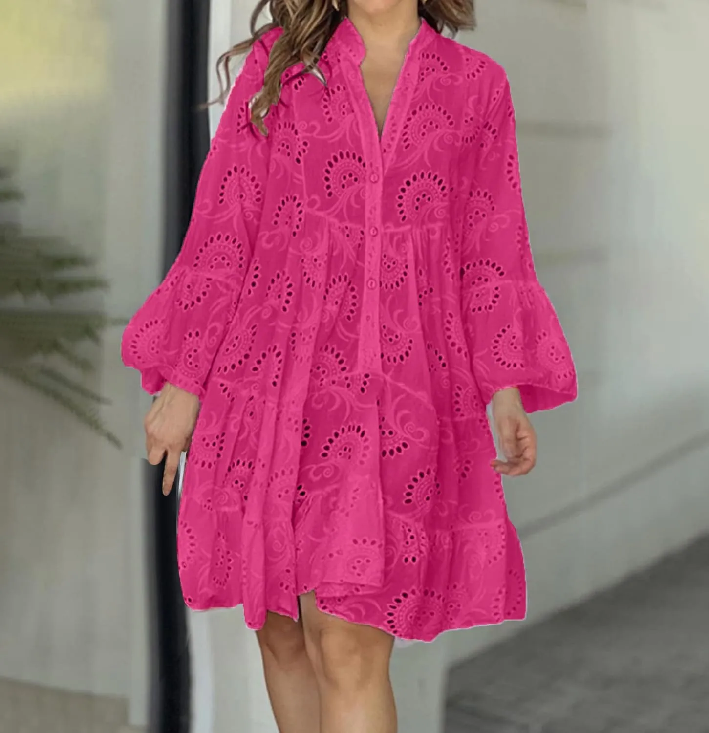 Women's V Neck Lace Crochet Puff Long Sleeve Ruffle Hem Loose Summer Flowy Mini Dress Plus Size Casual Swing Dresses