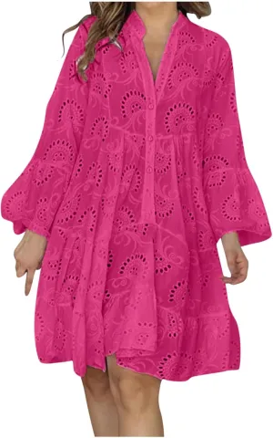 Women's V Neck Lace Crochet Puff Long Sleeve Ruffle Hem Loose Summer Flowy Mini Dress Plus Size Casual Swing Dresses