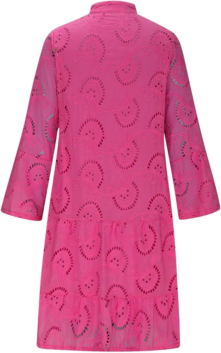 Women's V Neck Lace Crochet Puff Long Sleeve Ruffle Hem Loose Summer Flowy Mini Dress Plus Size Casual Swing Dresses