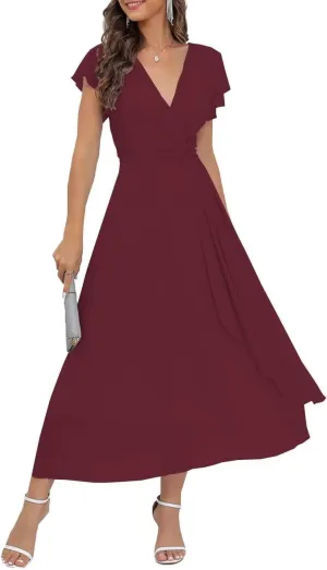 Womens V Neck Prom Dress Long Elegant Formal Dress Sleeveless Chiffon Cocktail Dresses with Pleat