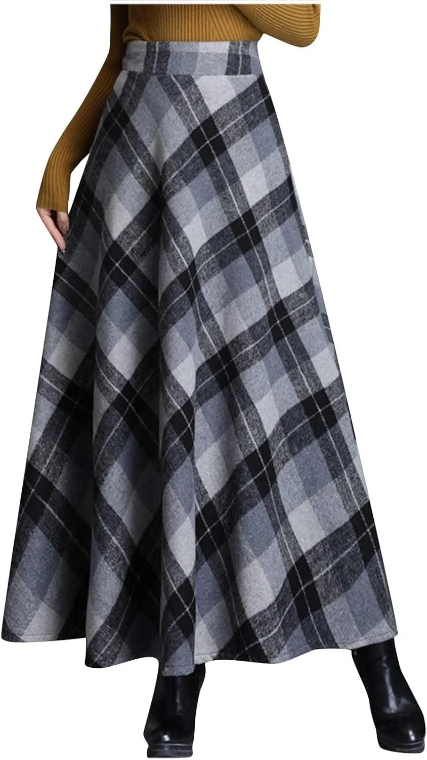 Women's Winter Wool Plaid Skirt Casual Vintage Pleated A-Line Long Midi Skirts Elastic High Waist Tea Length Tartan