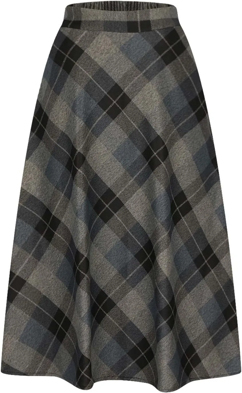 Women's Winter Wool Plaid Skirt Casual Vintage Pleated A-Line Long Midi Skirts Elastic High Waist Tea Length Tartan