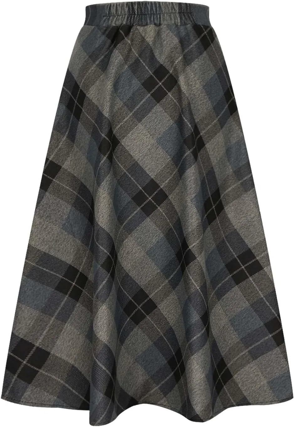 Women's Winter Wool Plaid Skirt Casual Vintage Pleated A-Line Long Midi Skirts Elastic High Waist Tea Length Tartan