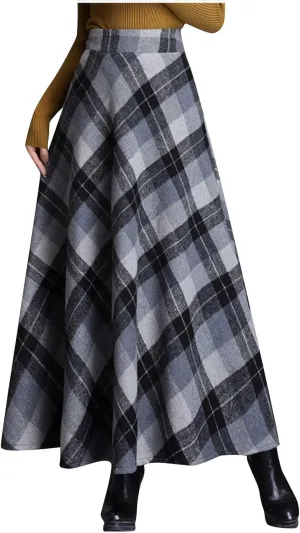 Women's Winter Wool Plaid Skirt Casual Vintage Pleated A-Line Long Midi Skirts Elastic High Waist Tea Length Tartan