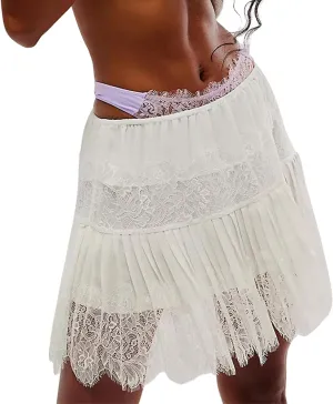 Womens Y2K Lace Mini Skirt Sexy Pleated Ruffle Lace Trim Layered Flowy Short Skirts Underskirt Aesthetic Streetwear