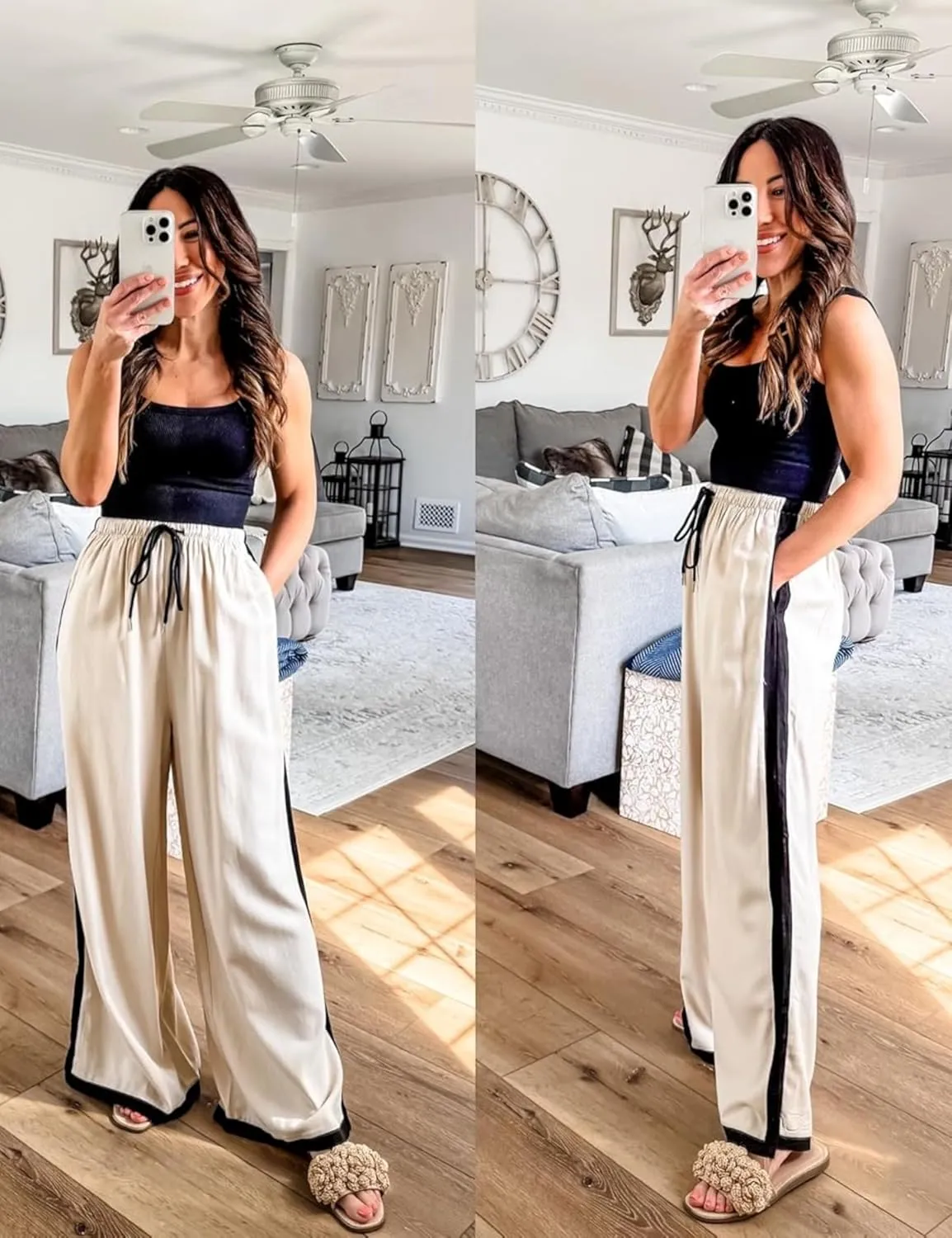 Xiaoxuemeng Wide Leg Pants for Women Casual Linen Side Striped Baggy Pants Elastic Waisted Trousers with Pockets