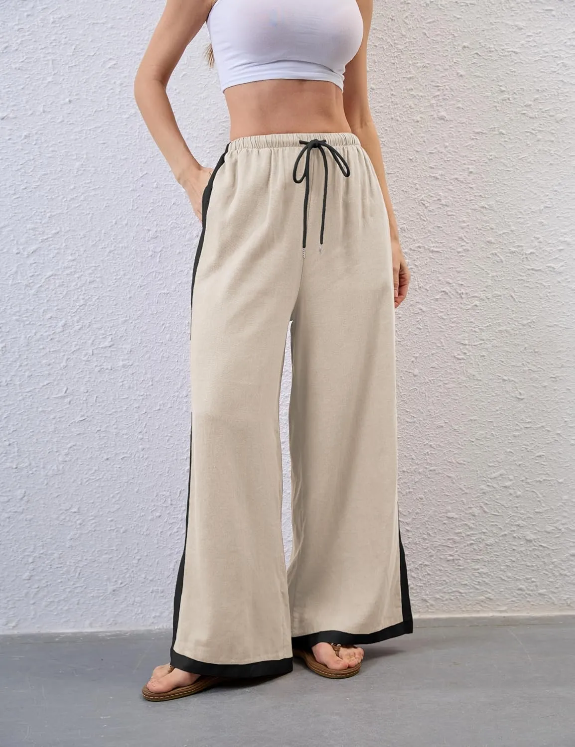 Xiaoxuemeng Wide Leg Pants for Women Casual Linen Side Striped Baggy Pants Elastic Waisted Trousers with Pockets