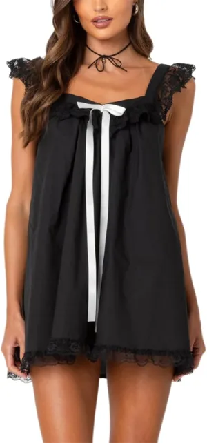 Y2k Women Bow Tie Front Mini Dress Ruffle Flying Sleeve Squared Neck Loose Flowy Babydoll Short Dresses Summer