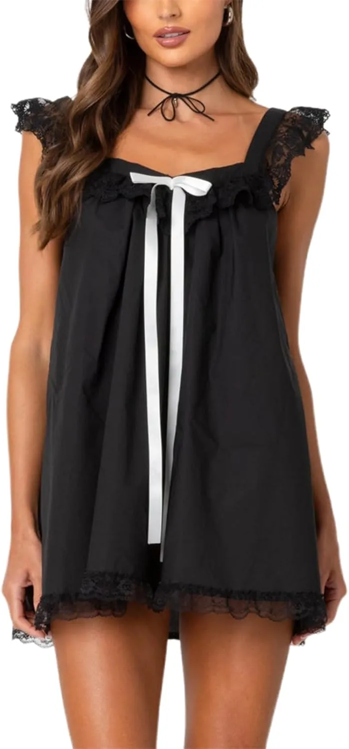 Y2k Women Bow Tie Front Mini Dress Ruffle Flying Sleeve Squared Neck Loose Flowy Babydoll Short Dresses Summer