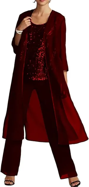YAUTKA 3 Pcs Pant Suits for Wedding 3/4 Long Sleeve Sparkly Sequin Chiffon Formal Outfits for Women 2024 with Jackets