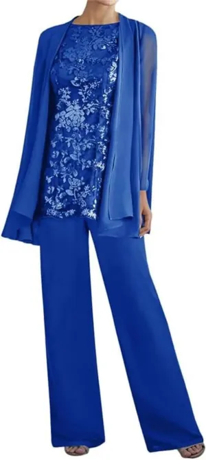 YAUTKA 3 Pieces Pant Suits for Wedding Long Sleeve Lace Chiffon Dressy Formal Outfits for Women 2025 with Jackets