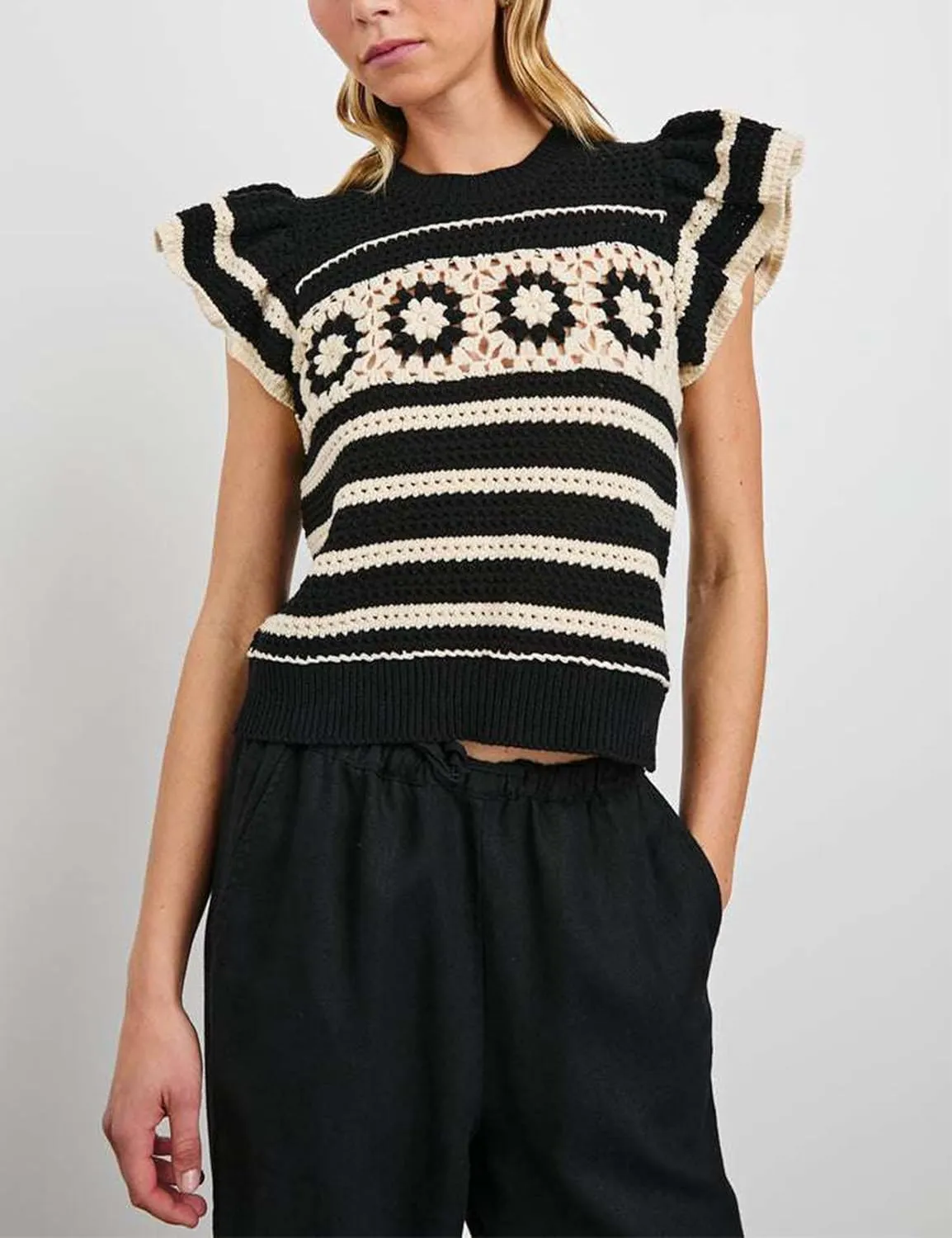 Yeokou Womens Crochet Sweater Top Short Flutter Sleeve Crew Neck Summer Casual Knit Tank Pullovers