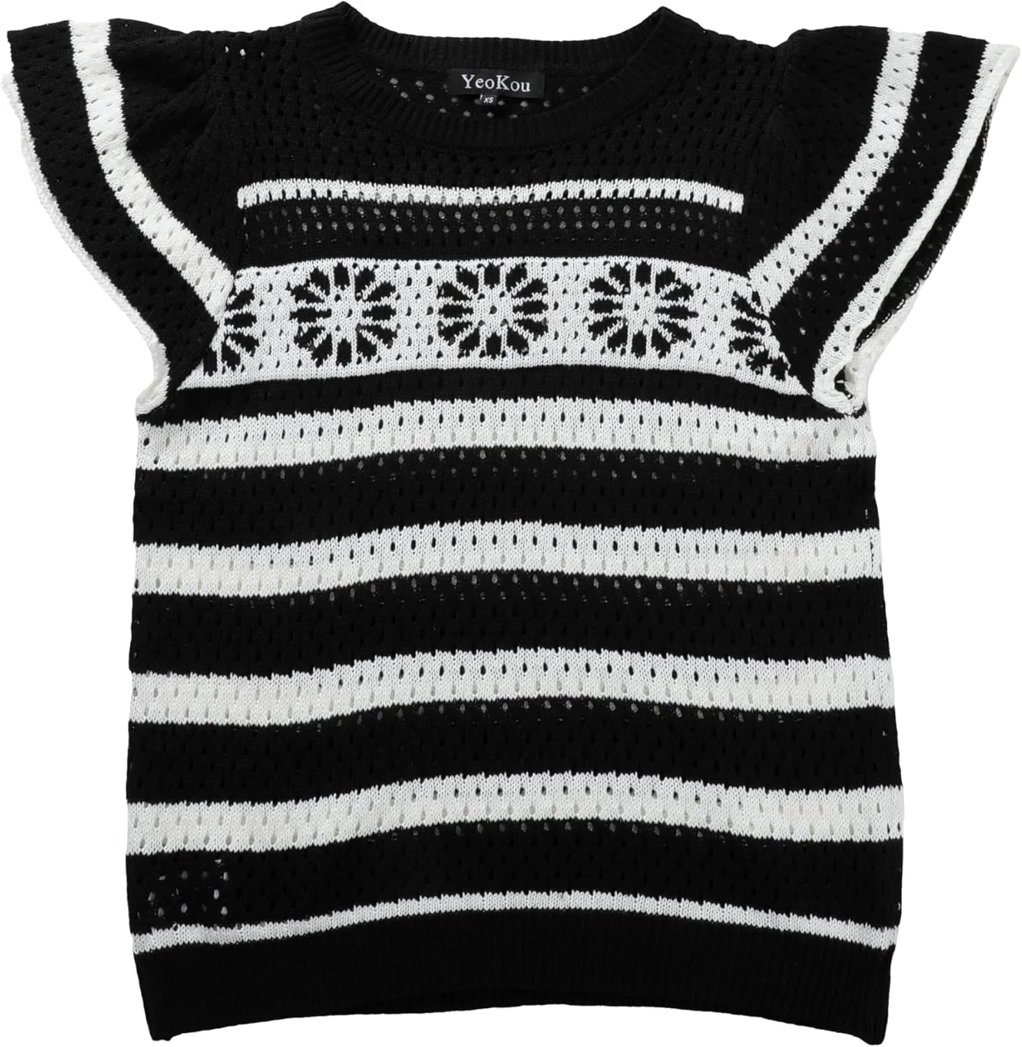 Yeokou Womens Crochet Sweater Top Short Flutter Sleeve Crew Neck Summer Casual Knit Tank Pullovers