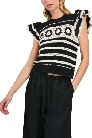 Yeokou Womens Crochet Sweater Top Short Flutter Sleeve Crew Neck Summer Casual Knit Tank Pullovers