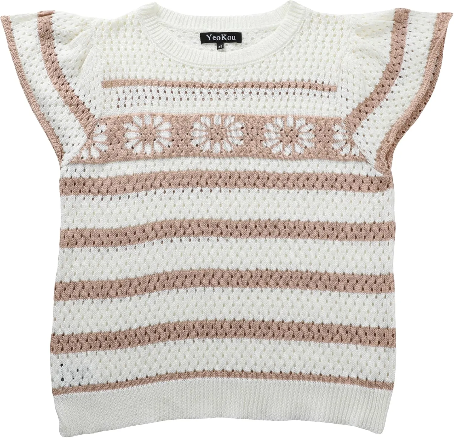 Yeokou Womens Crochet Sweater Top Short Flutter Sleeve Crew Neck Summer Casual Knit Tank Pullovers