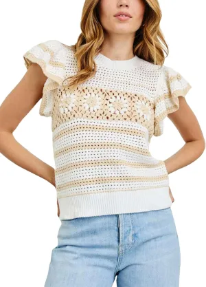 Yeokou Womens Crochet Sweater Top Short Flutter Sleeve Crew Neck Summer Casual Knit Tank Pullovers