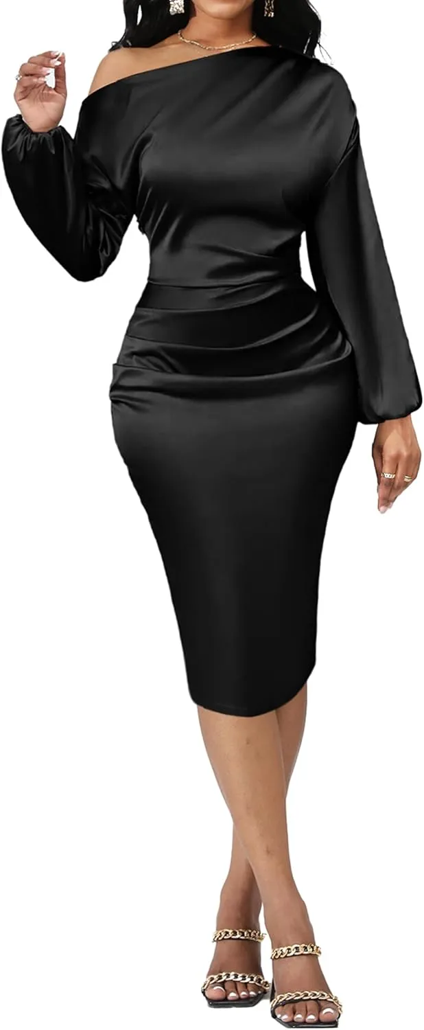 Yiershu Women's Sexy Fall Off Shoulder Bodycon Dress Elegant Long Sleeve Formal Cocktail Party Midi Maxi Dresses