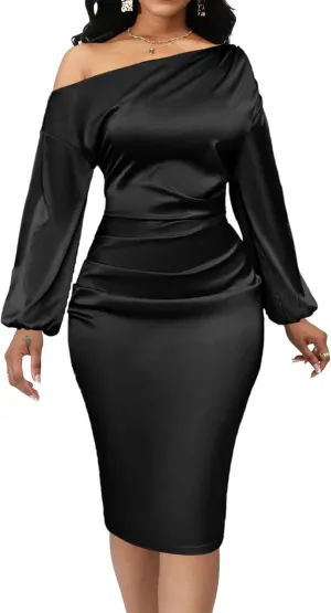 Yiershu Women's Sexy Fall Off Shoulder Bodycon Dress Elegant Long Sleeve Formal Cocktail Party Midi Maxi Dresses