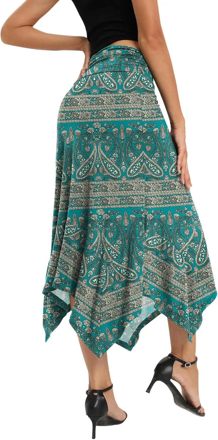 Yincro Women's Summer Flowy Midi Skirt with Handkerchief Hemline
