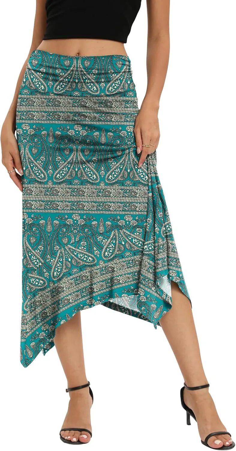 Yincro Women's Summer Flowy Midi Skirt with Handkerchief Hemline