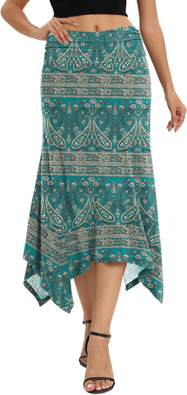 Yincro Women's Summer Flowy Midi Skirt with Handkerchief Hemline