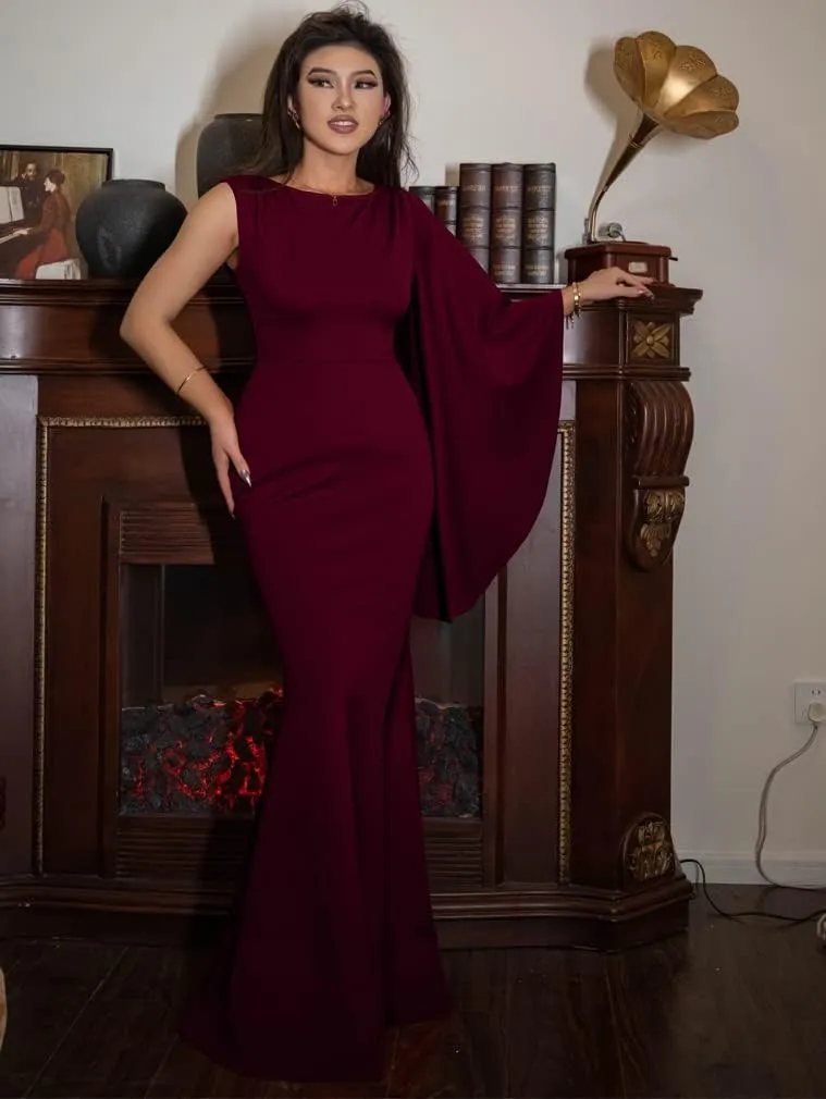 YMDUCH Women's Elegant One Bell Sleeve Side Split Long Paty Mermaid Formal Dress