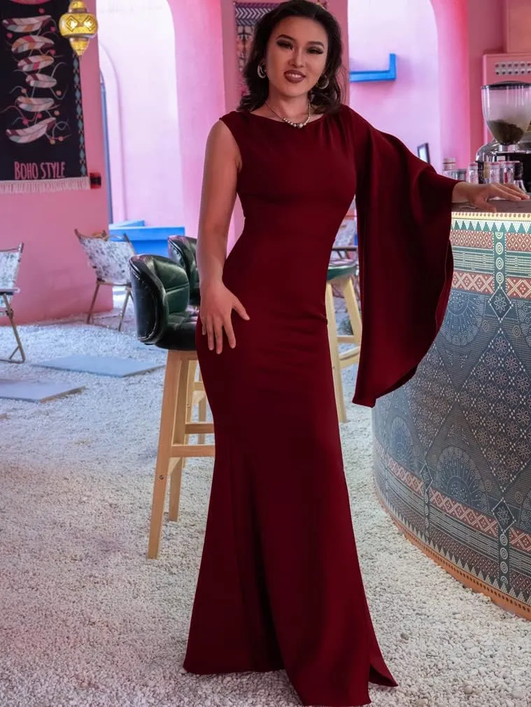 YMDUCH Women's Elegant One Bell Sleeve Side Split Long Paty Mermaid Formal Dress